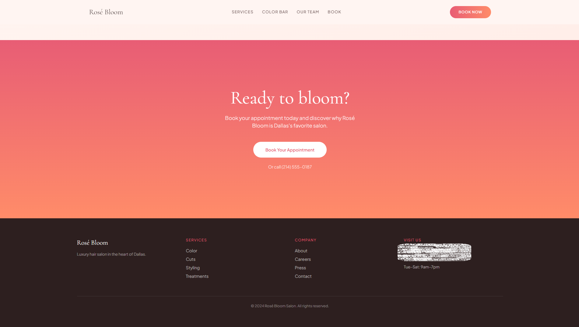 Rose Bloom booking or closing section screenshot